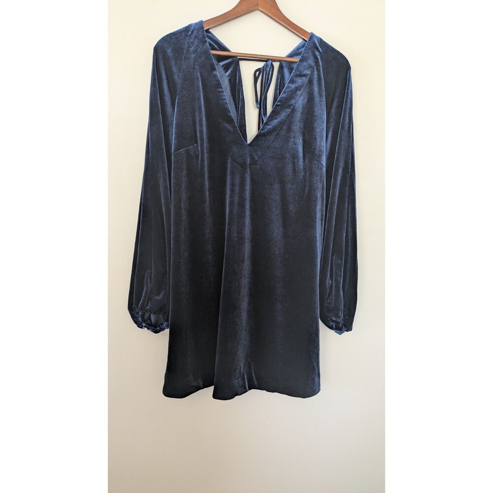 Free People Blue Velvet Misha Dress Large Boho Tunic Mini Puff Sleeve Peasant
